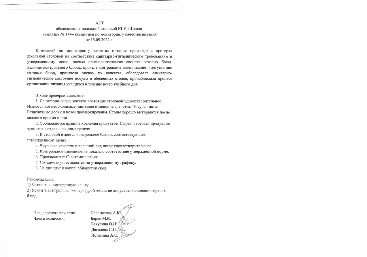 Акт обследования школьной столовой 15.09.2022