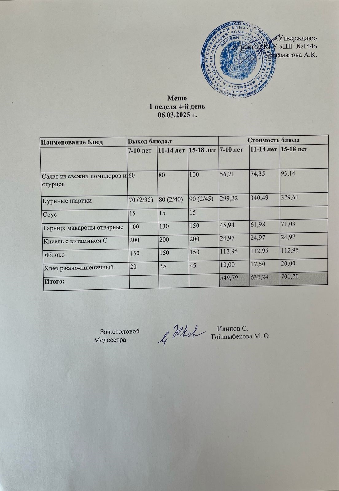 Меню 1- неделя 4-й день