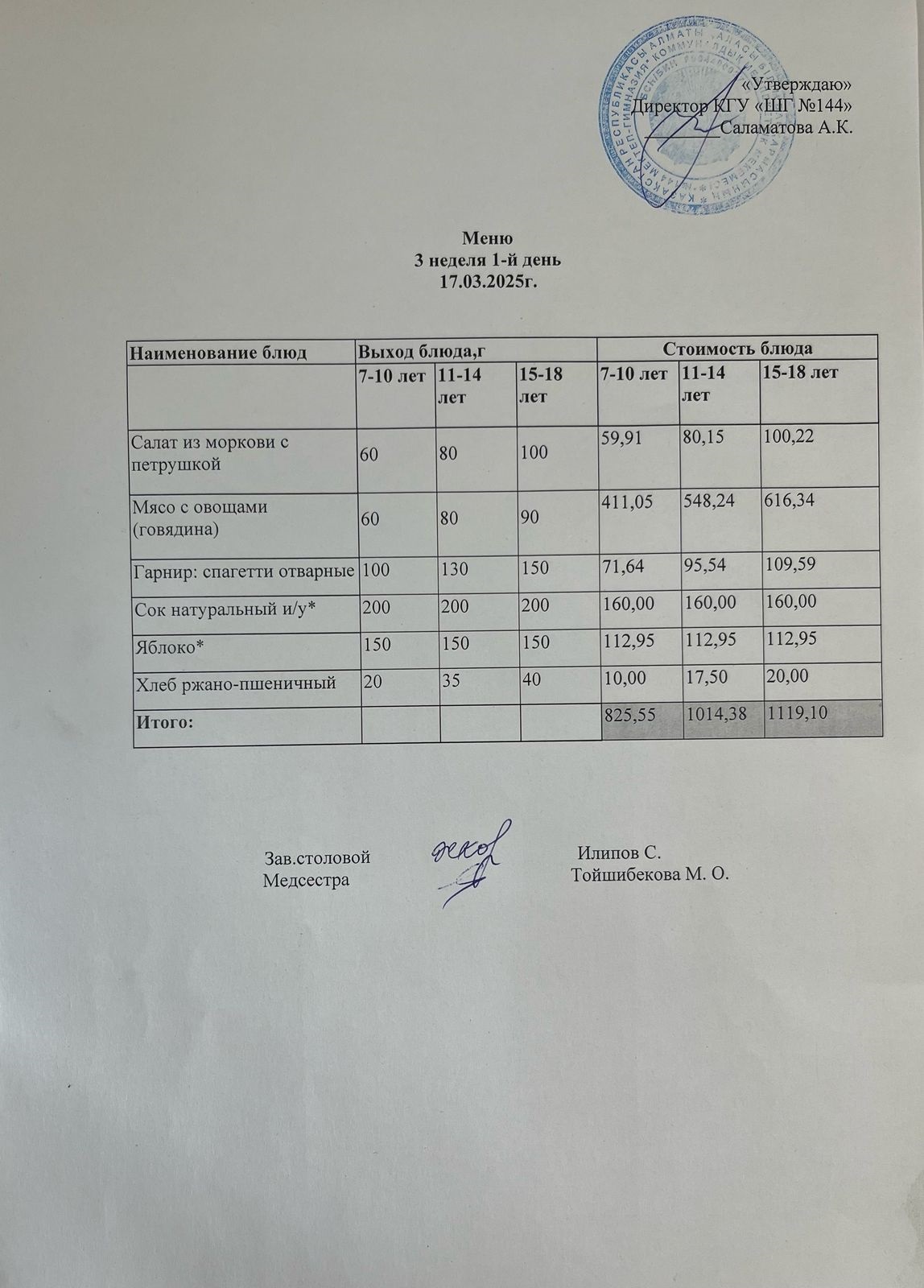 Меню 3 неделя 1-й день