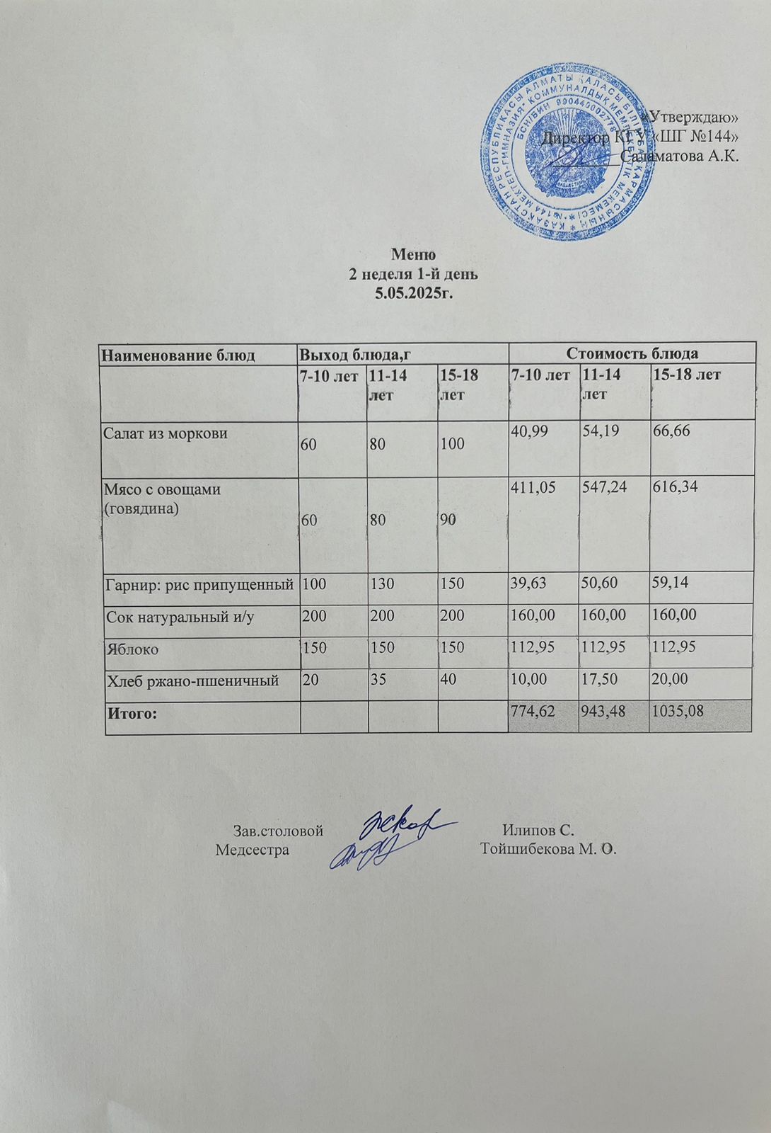 Меню 2 неделя 1-й день