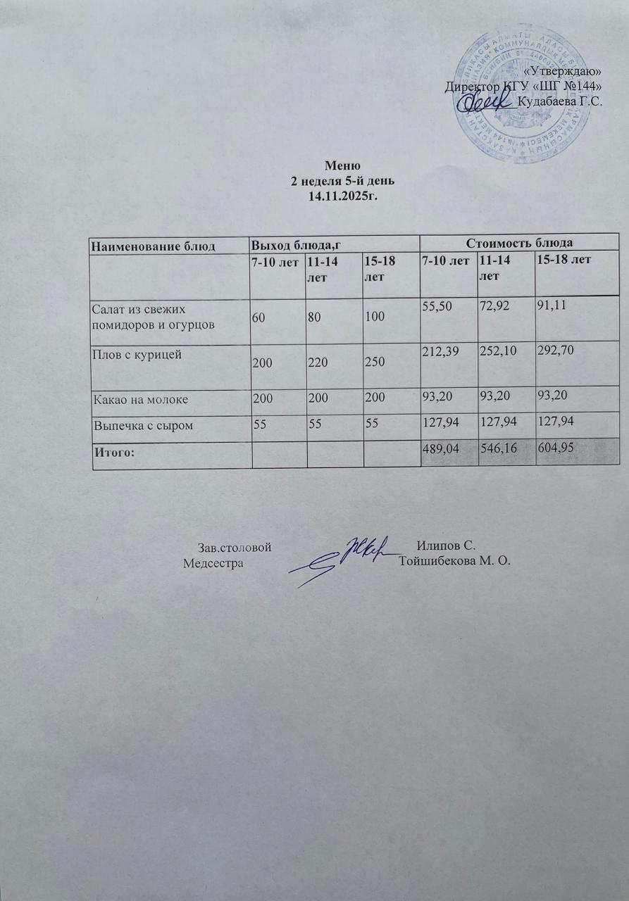 Меню 2 неделя 5-й день