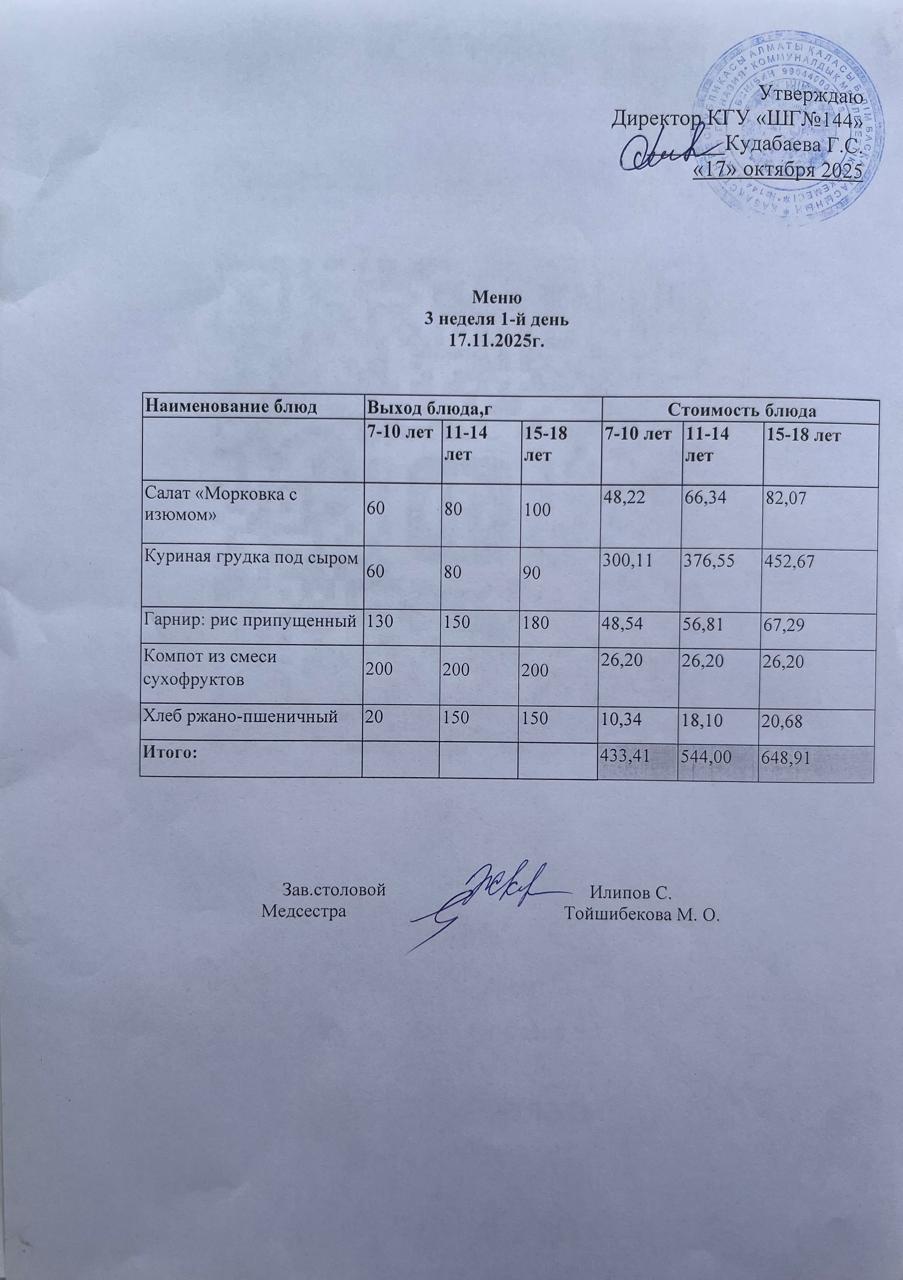 Меню 3 неделя 1-й день