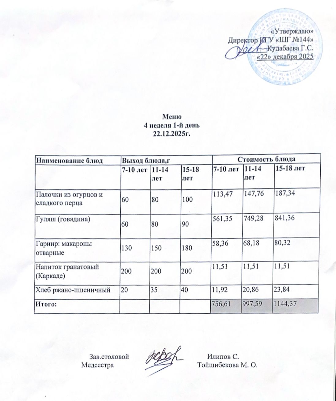 Меню 4 неделя 1-й день