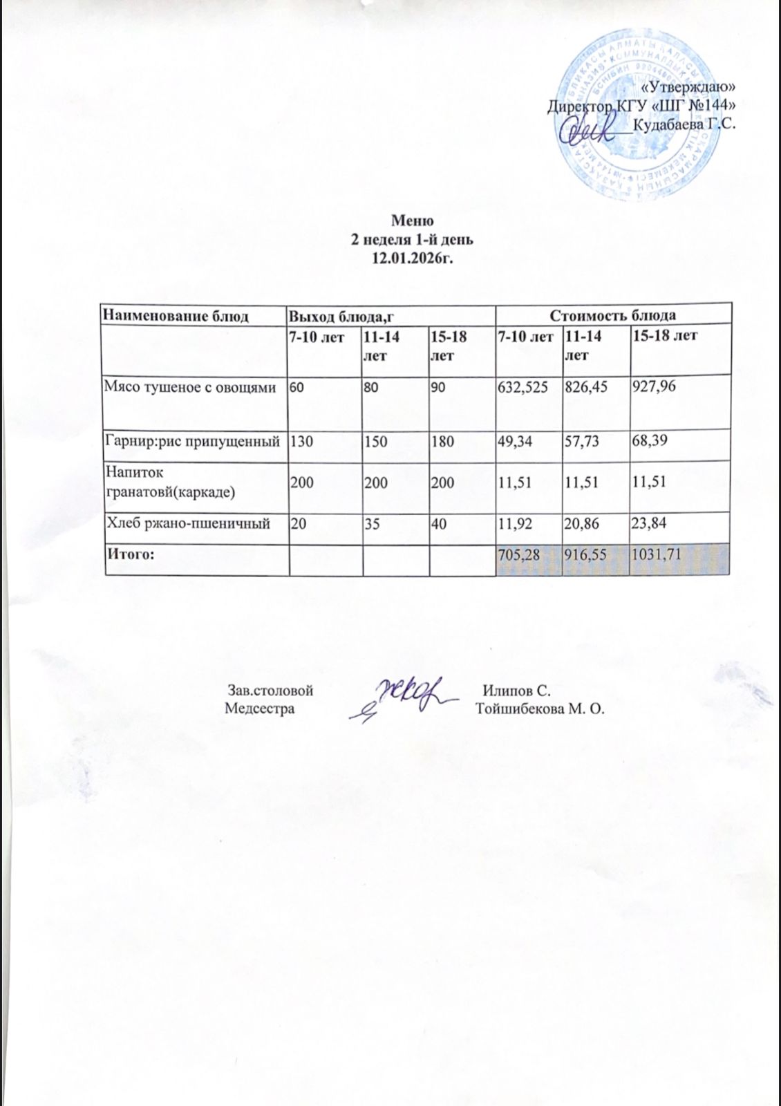 Меню 2 неделя 1-й день