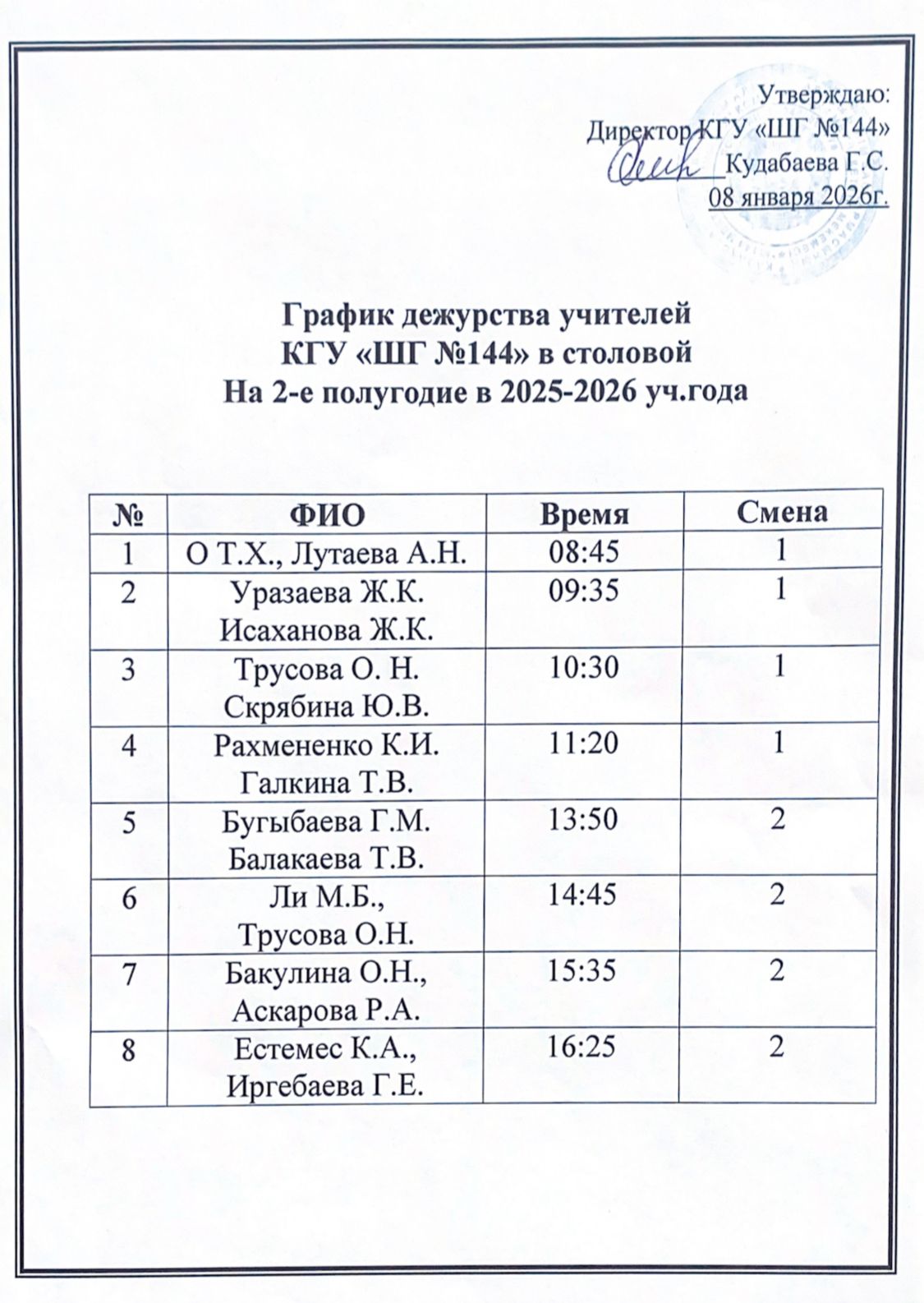 График дежурства учителей
