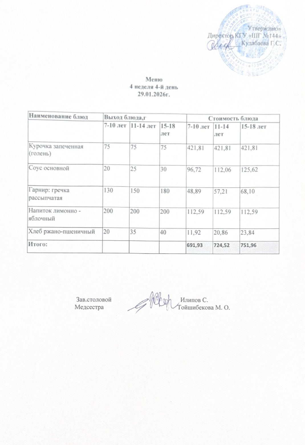 Меню 4 неделя 4-й день