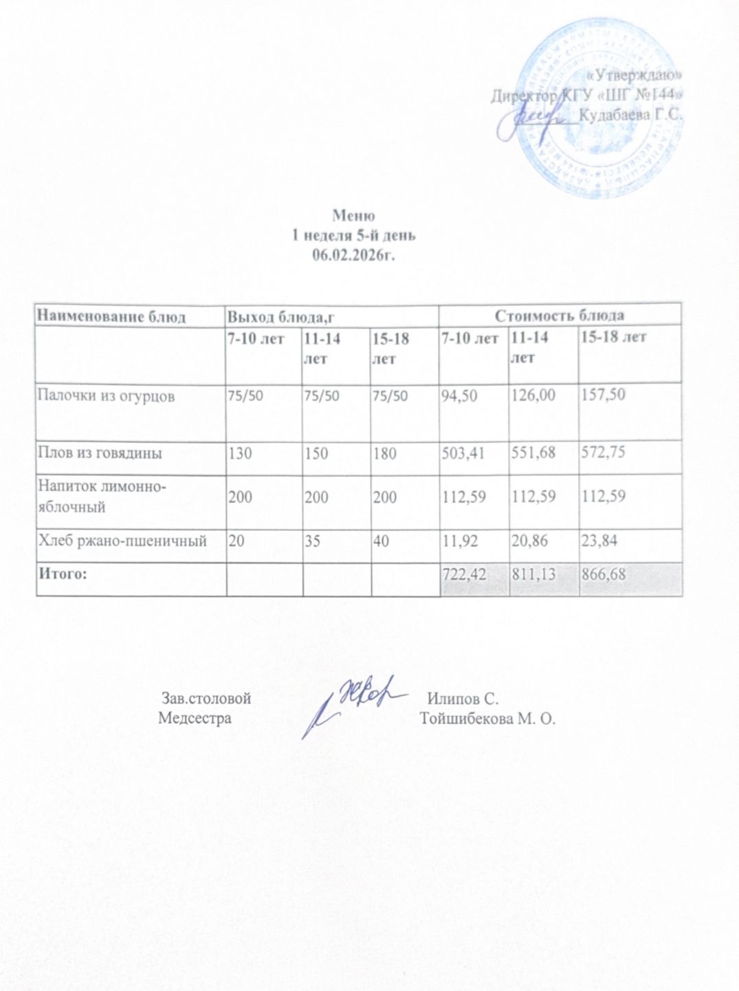 Меню 1 неделя 5-й день