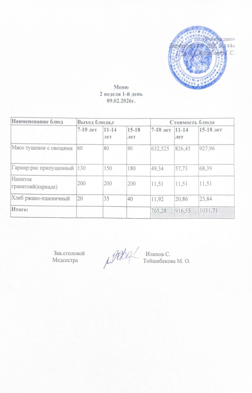 Меню 2 неделя 1-й день