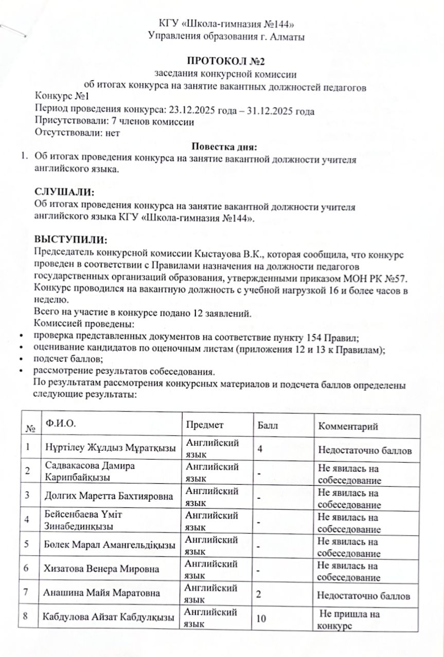 Конкурстық комиссия отырысының №2 хаттамасы