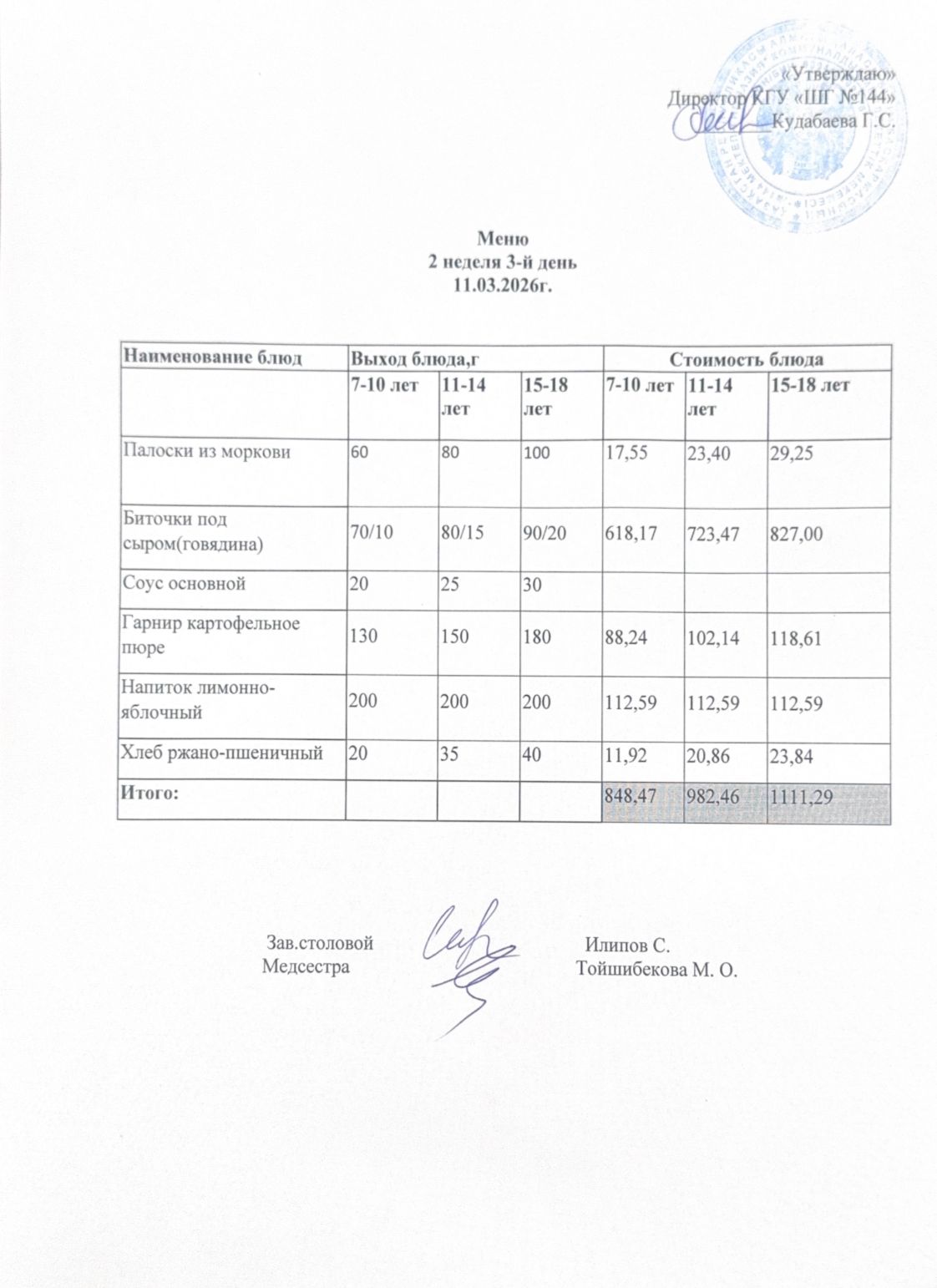 Меню 2 неделя 3-й день
