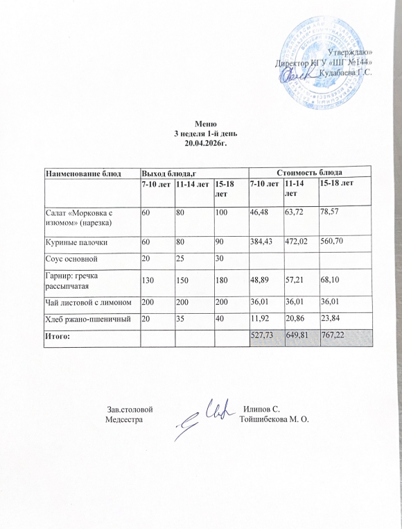 Меню 3 неделя 1-й день