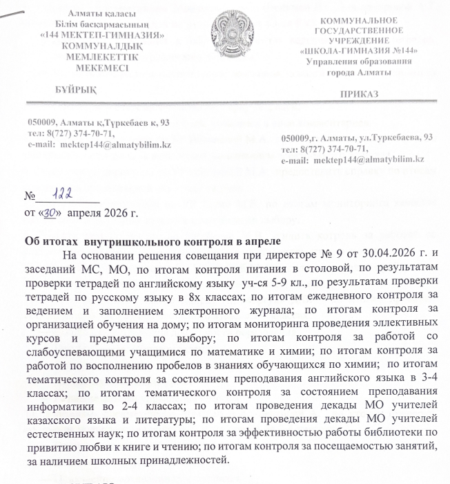 Об итогах ВШК в апреле